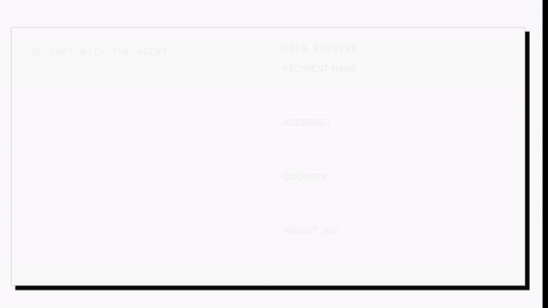 FormAI landing page shown on a MacBook and iPhone, with a chat panel filling in shipment form fields automatically.